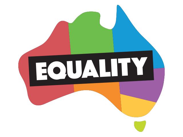 ArtsHub says yes to marriage equality. A stylised graphic of Australia's states and territories in bright colours. Each state and territory is a different colour, evoking the Rainbow Flag. A black banner with the word 'EQUALITY' overlaid in white text, aqll in capitals, is emblazoned across the image.