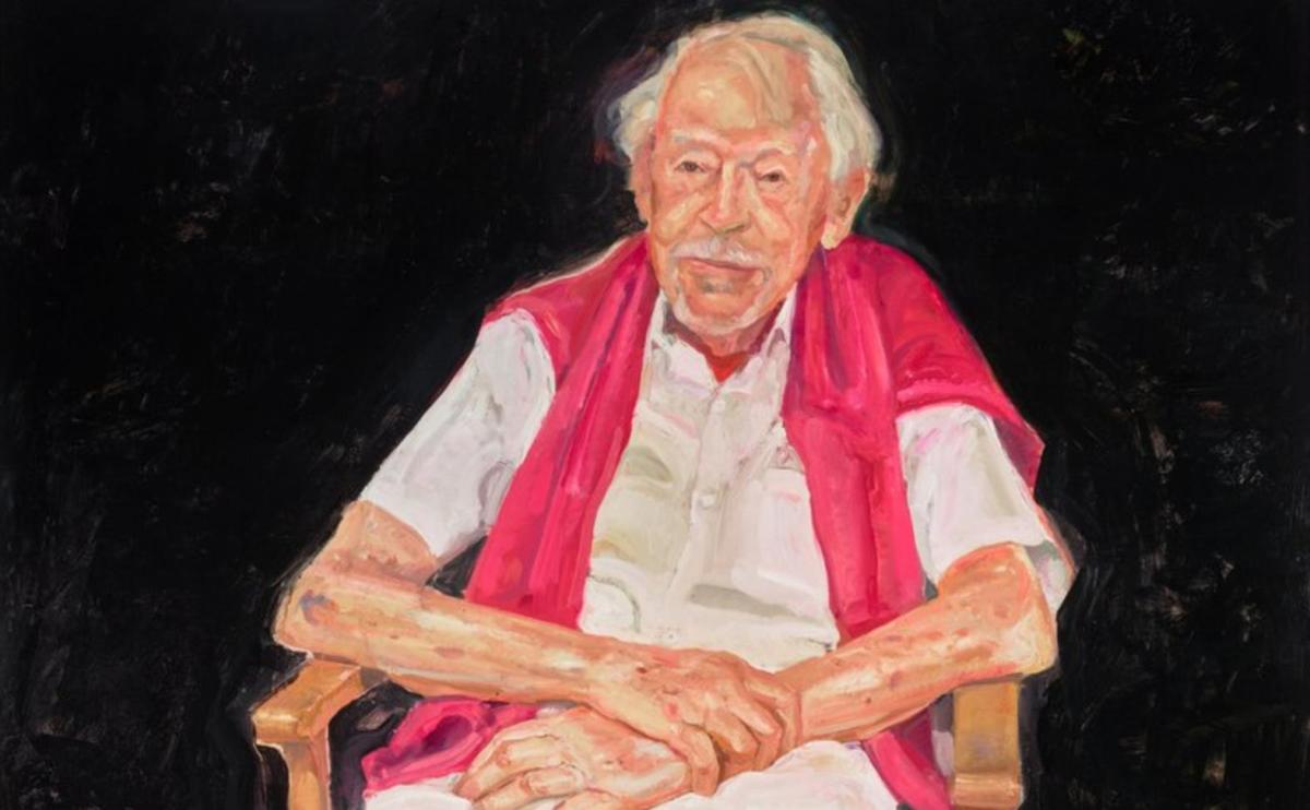 painting of elderly sitting in chair with red jumper over shoulders. Guy Warren.