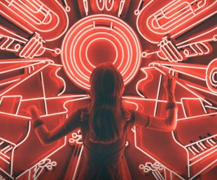 Image of girl in front of red circuitry