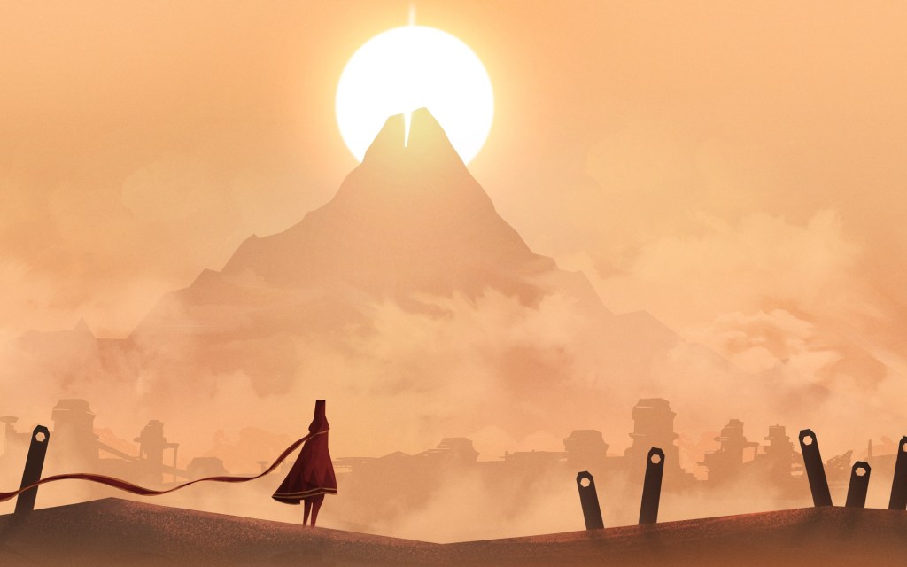 A sun sets behind a mountain on a desert world, a robed figure is in the foreground.