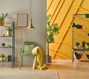A room designed in yellow and green featuring a chair, shelf and plants