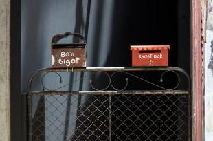 Letterboxes with racist text, by artist Karla Dickens.