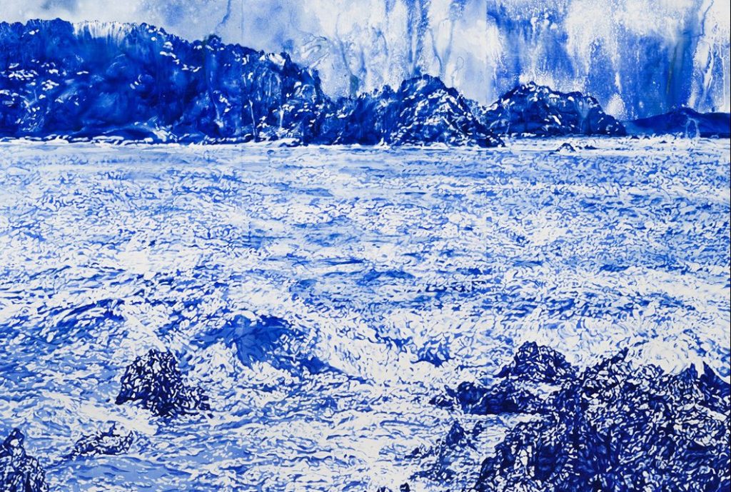 An abstracted landscape of rocks and waves in which the colour blue evokes the artist's memories of Guerilla Bay in Yuin Country.