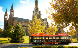 Autumn leaves frame a view of a cathedral against a cloud-scattered sky as a tram passes in the foreground.