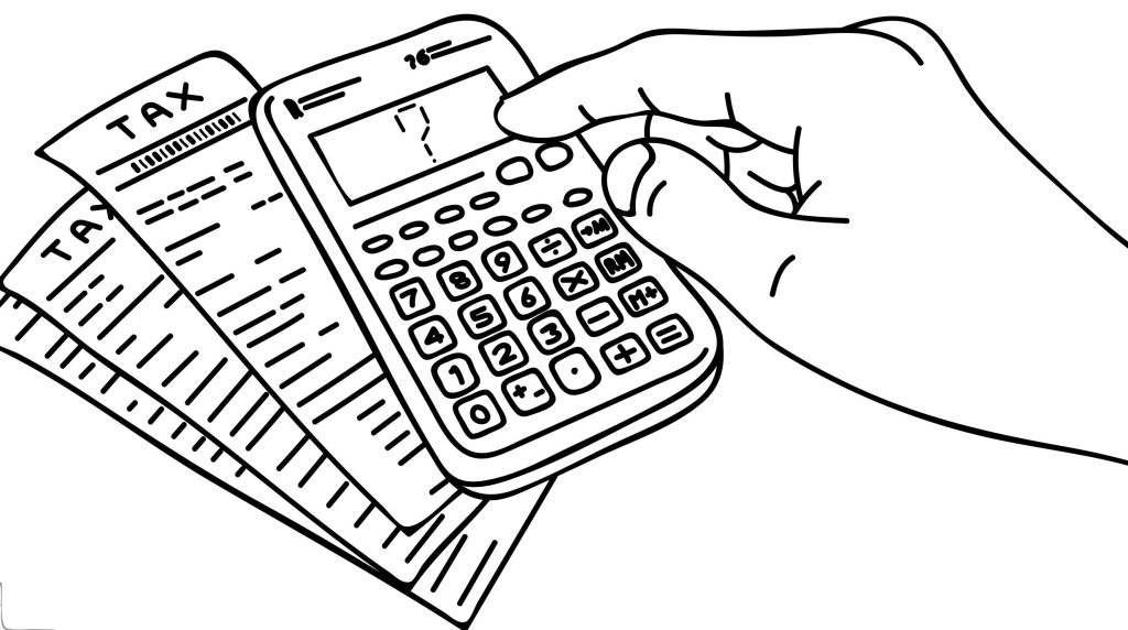 A drawing of a calculator and receipts labelled TAX