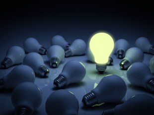 Image of one lit lightbulb amid several dark lightbulbs