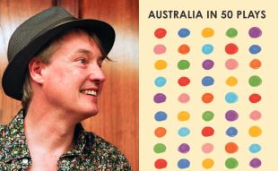 Author Julian Meyrick, who wears a hat, turns to his left to look at the cover of his book, the design of which features rows of coloured dots.