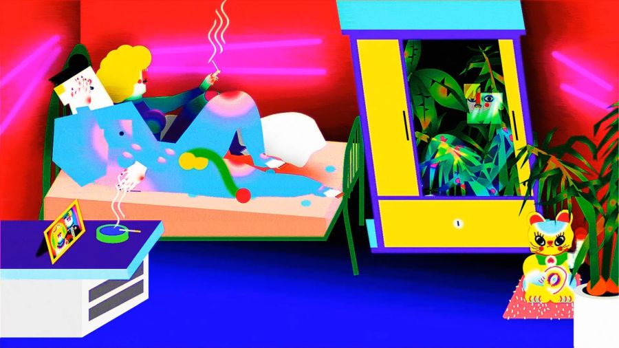 A still from a brightly coloured animation of a person lounging on the bed in a small apartment.