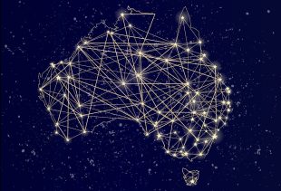 An interconnected map of Australia, with towns and cities represented as stars connected by lines of light.