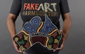 Man holding fake Aboriginal art