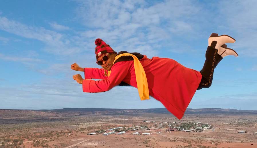 video still of Aboriginal art as flying superhero