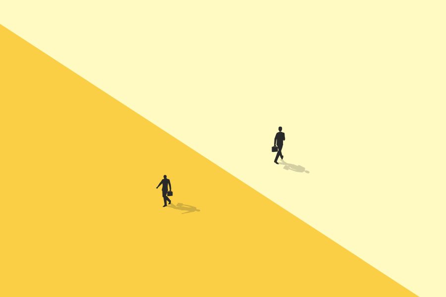 a graphic of two small bloack human figures with briefcases walking away from each other against a yellow background