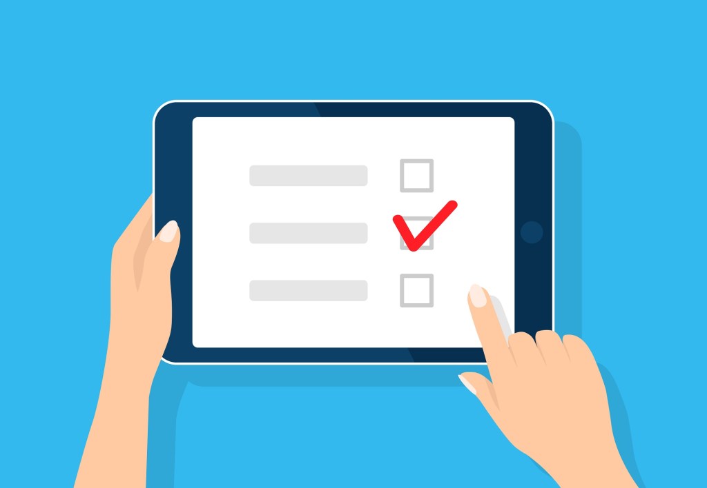 A stylised image of an online survey, depicting an iPad against a blue background. A person's finger has marked a red tick in one box on the tablet.