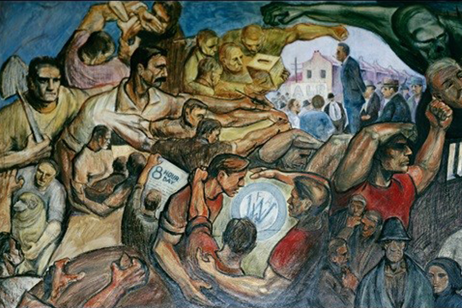 a mural painting depicting various scenes of young male workers protesting for Australian labour rights in the 1900s - 1950s.