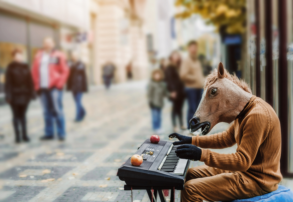 street busker wearing horse outfit