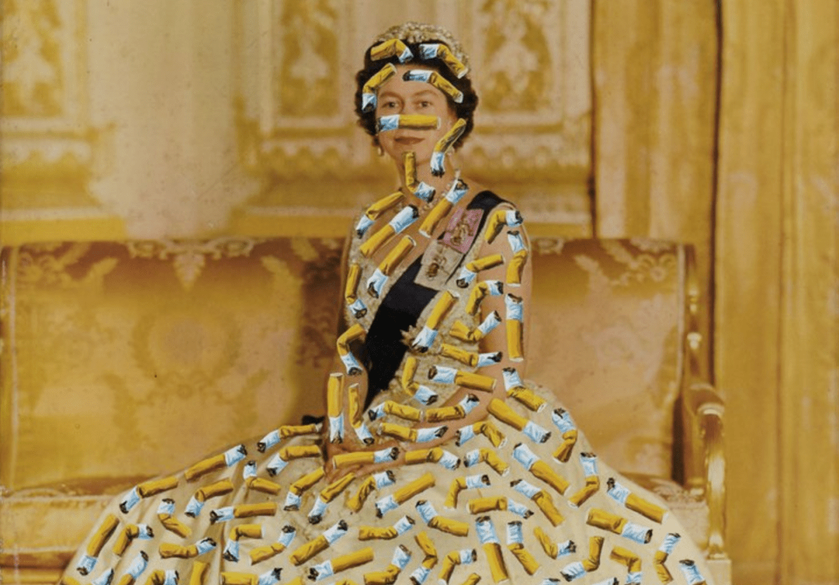 artwork of queen with cigarette butts by artist Philjames