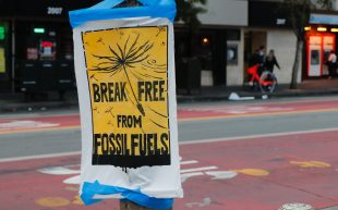 A poster on a pole featuring a dandelion on a yellow background with the text in black ‘Break free from fossil fuels’.