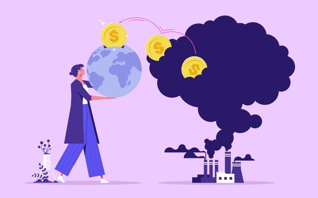 A graphic illustration with purple tones showing a woman holding a planet globe. Coins are popping out from the globe into heavy smoke from a factory.