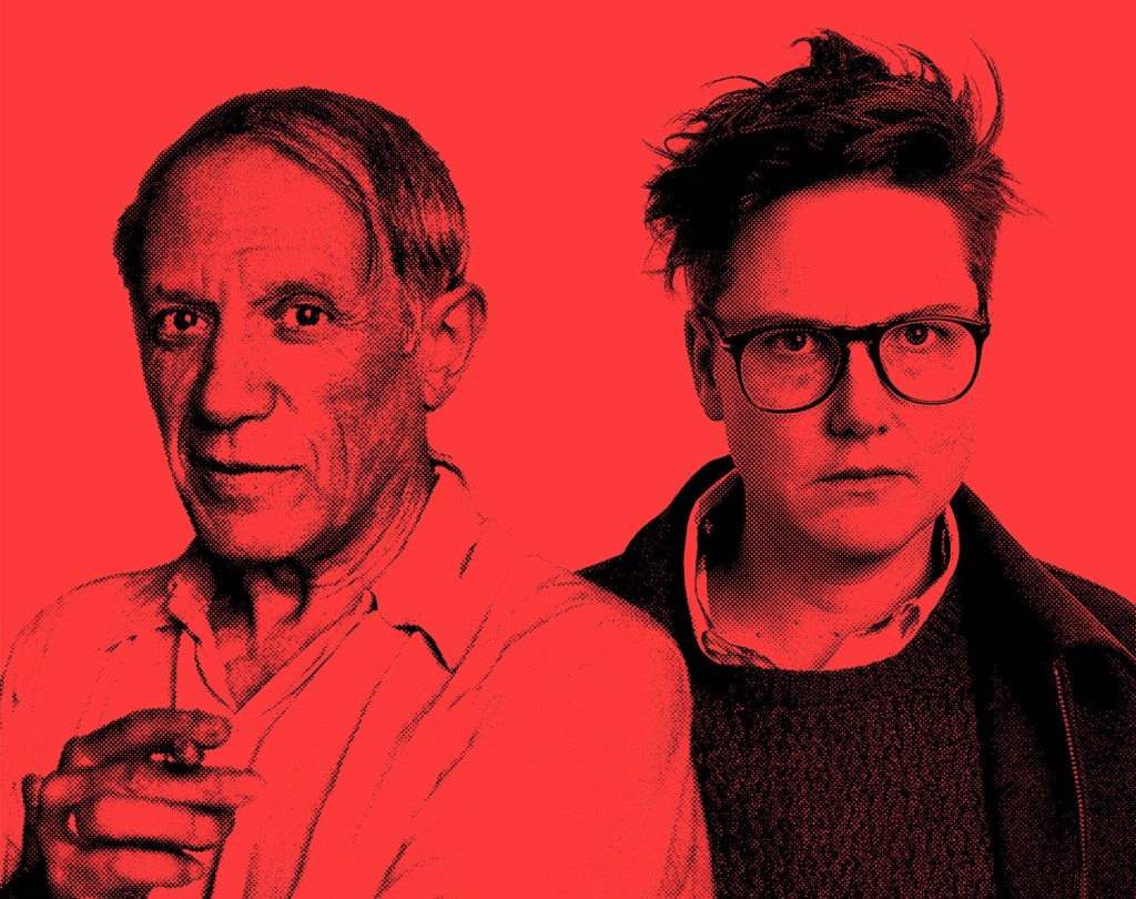 Red toned portrait of artist Pablo Picasso and Hannah Gadsby