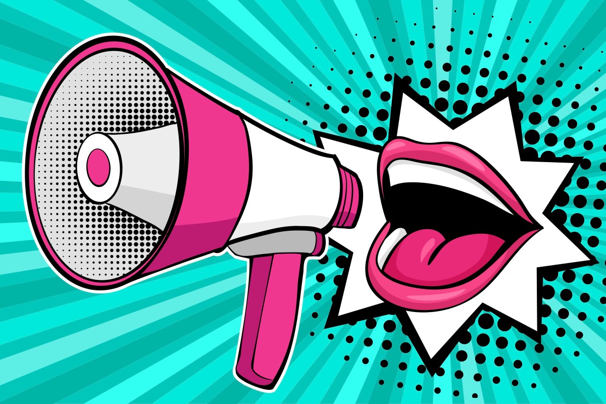 Graphic illustration of mouth and loudspeaker for arts news