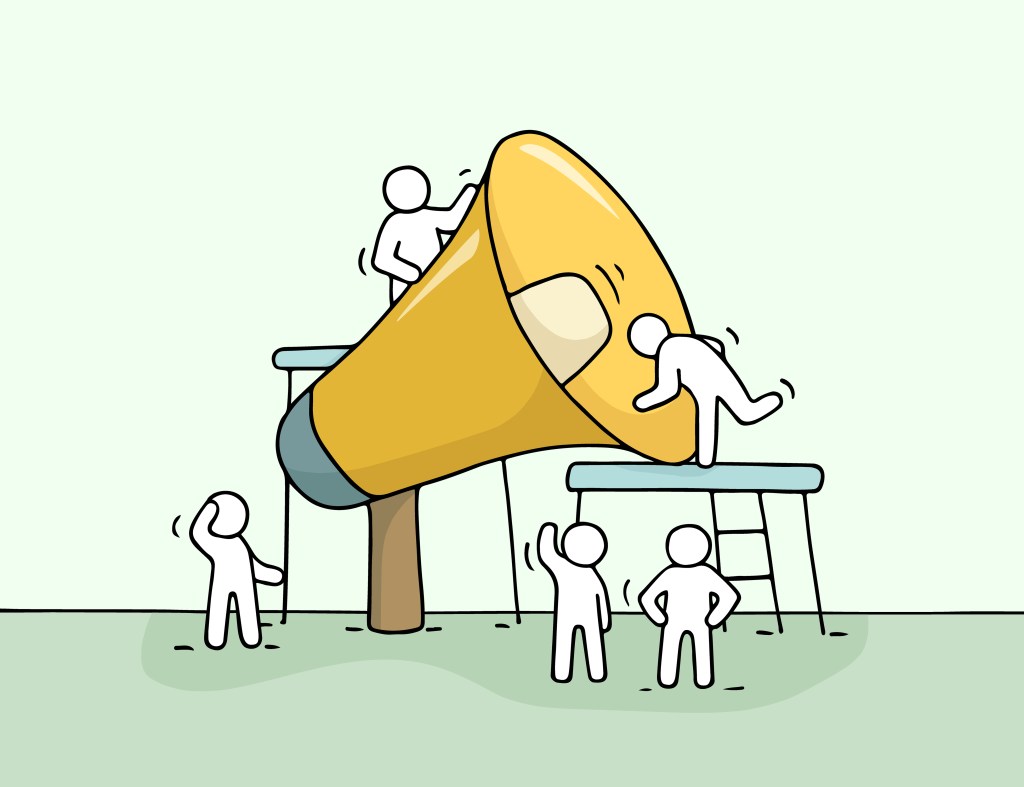 A cartoon of a giant bullhorn surrounded by, being used and listened to by small cartoon people.