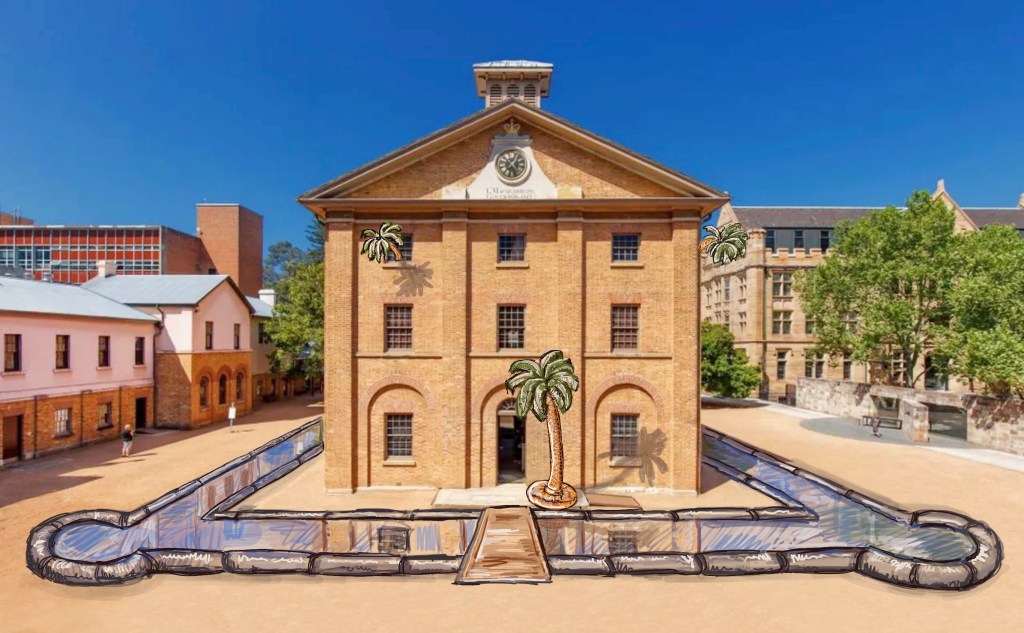 image of historic building Hyde Park Barracks with artist impression of artwork