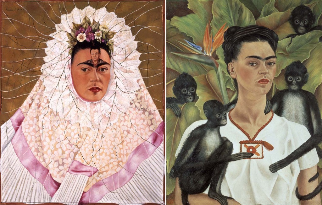 Two self-portrait paintings by Frida Kahlo, presented side by side