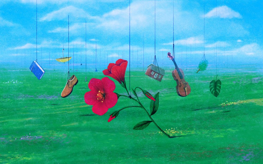 Illustration with a stem of red flower in the centre against a grassy field and blue sky. Behind the flower are objects hanging from the sky, including a book, shoe, and guitar.