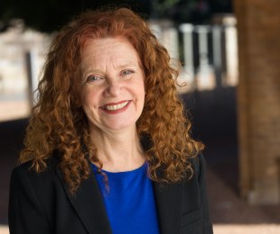 photo of arts lawyer Robyn Ayres with curly red hair and blue top