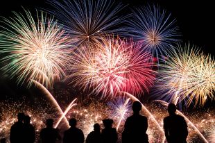 Fireworks explode in the night sky, silhouetting a group of people watching on.