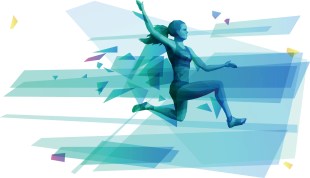 A stylised graphic of a female long-jumper mid-leap.