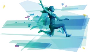 A stylised graphic of a female long-jumper mid-leap.