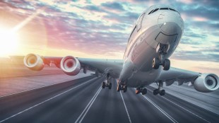 A 3D render of a a jumbo jet taking off from the runway.