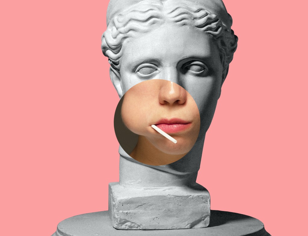 Collage with plaster head model, statue and female portrait isolated on pink background.
