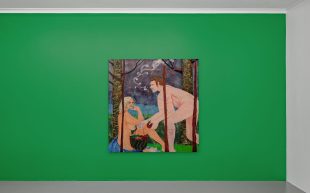 Justin Williams. Green wall with painting in the middle depicting a seated female nude and crouching male nude in a forest.