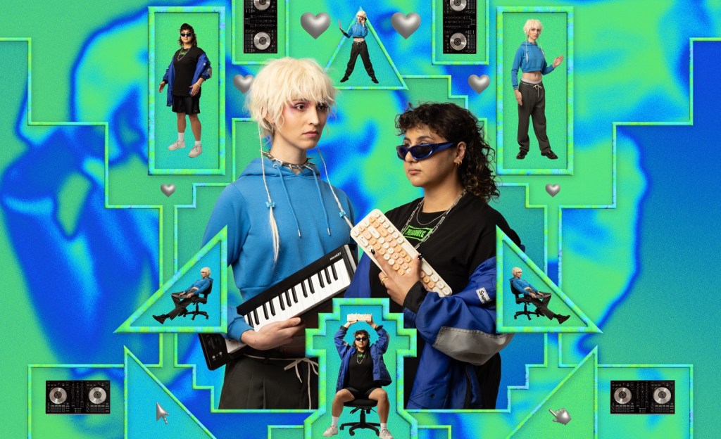 performing arts. Against a green and blue backdrop with small images of two women, a woman with bleached blonde hair wearing a blue hoodie holds a musical keyboard while a woman with black wavy hair and sunglasses an black and blue coat holds a typing keyboard both in three-quarter profile.