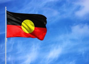 Voice. Arts organisations' statements on Voice to parliament. A picture of the Aboriginal flag against a blue sky.