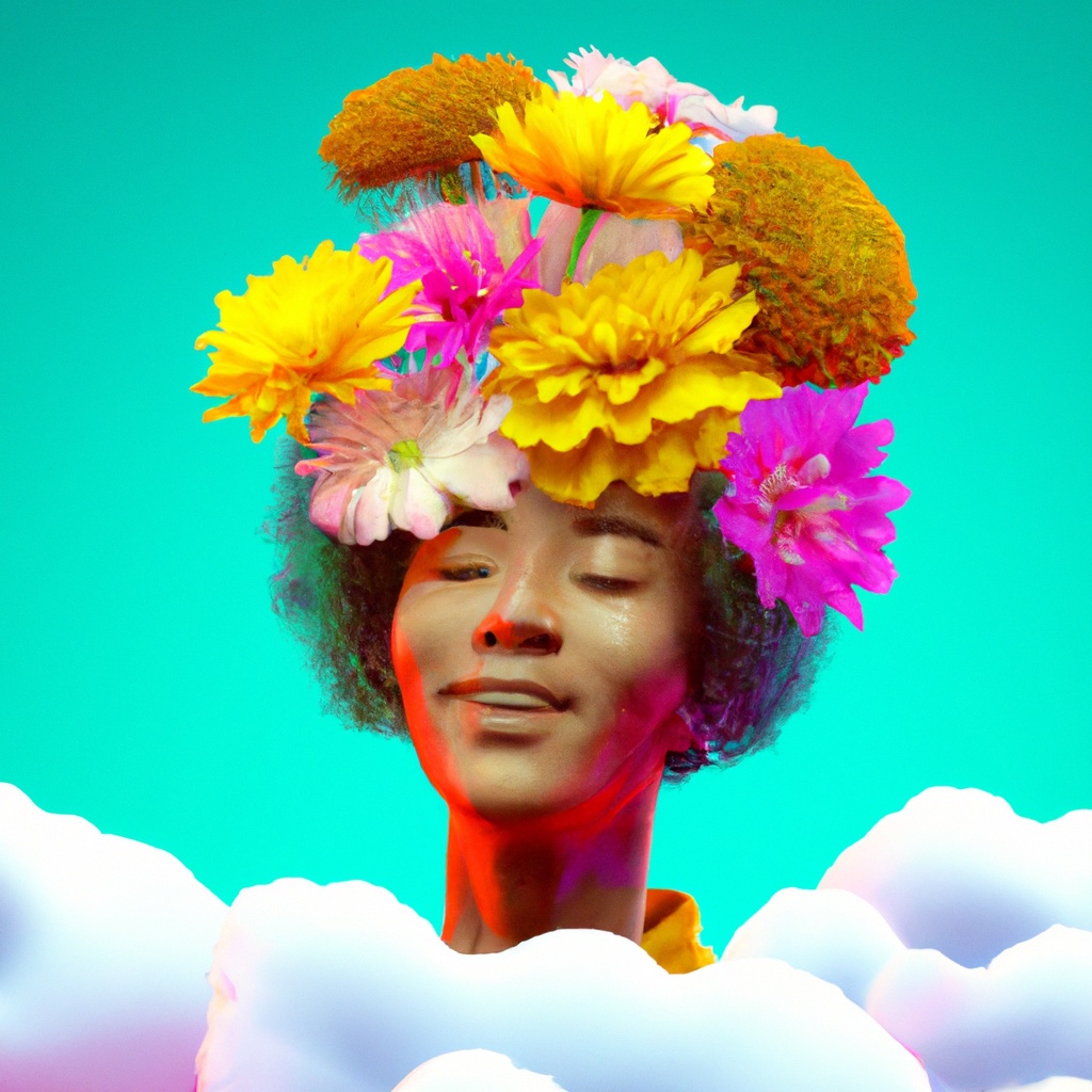 Generative AI. Person with dark skin with flowers growing out of their head, clouds all around, in fun, colourful 3d style. Image via Shutterstock AI as an example of AI creativity.