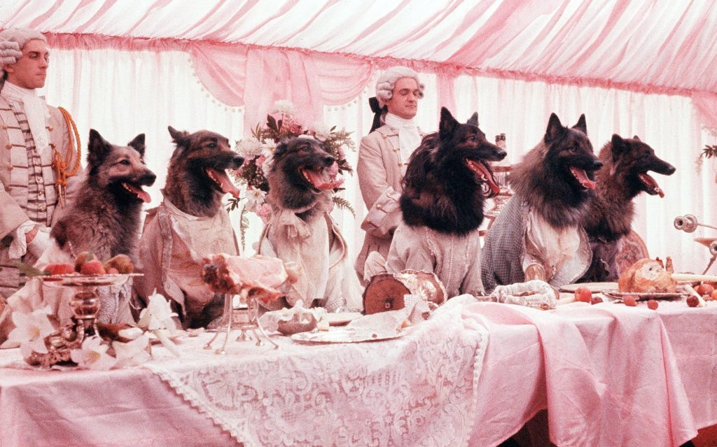 Fairy Tales. A long dining table with white wigged serving staff standing behind six dressed/bibbed wolves eating dinner.