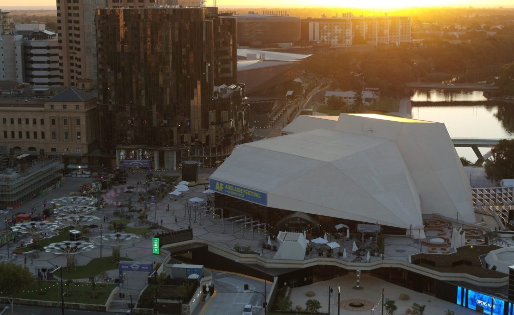 Don Dunstan. An aerial view of Adelaide Festival Centre and its surrounds taken at Golden Hour, as the sun sets in the west.