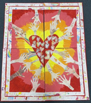 Image shows love hearts and hands, a drawing by kindergarten and year 1 students at Gymea North Primary School, showing in Every Step Counts and responding to 'Respectful Relationships'