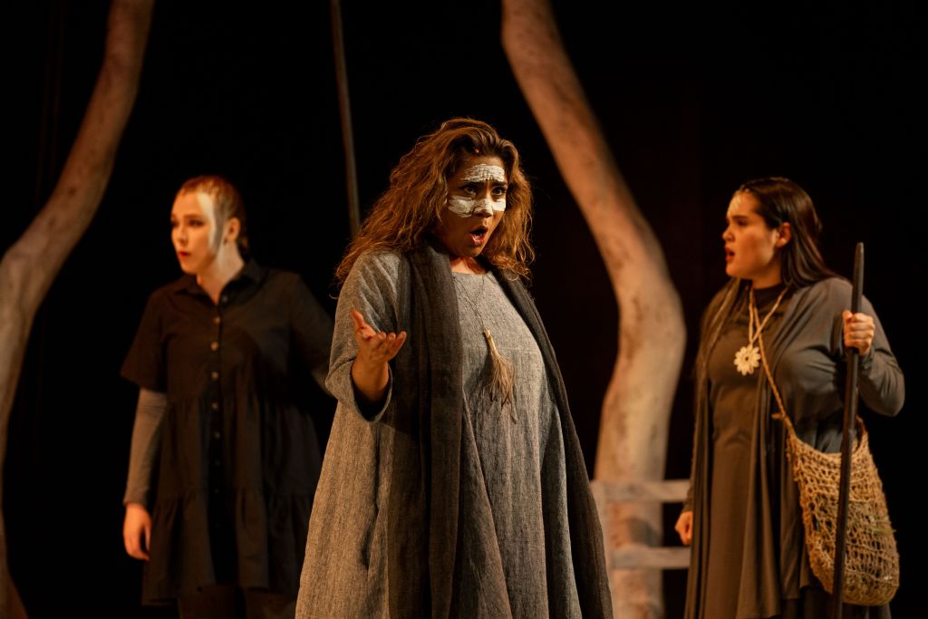 The Visitors. Image is three First Nations singers with face paint and a bare tree trunk, wearing dark, grey and brown robes.