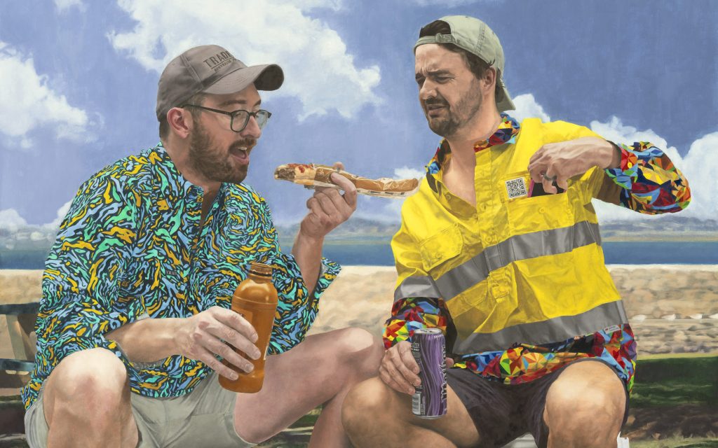 Huon Kane, ‘Smoko’ painting. Image is of two men in work gear, one in high vis, both in baseball caps and shorts, sitting and eating tradie snacks and chatting.