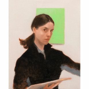 India Mark, ‘Studio self-portrait’, 2023. Winner of the Ashurt Emerging Artist Prize. In the portrait, Mark looks candidly at the viewer. Wearing a collared black shirt, she appears to be painting her own portrait. She stands in front of a neon green canvas which contrasts her figure.