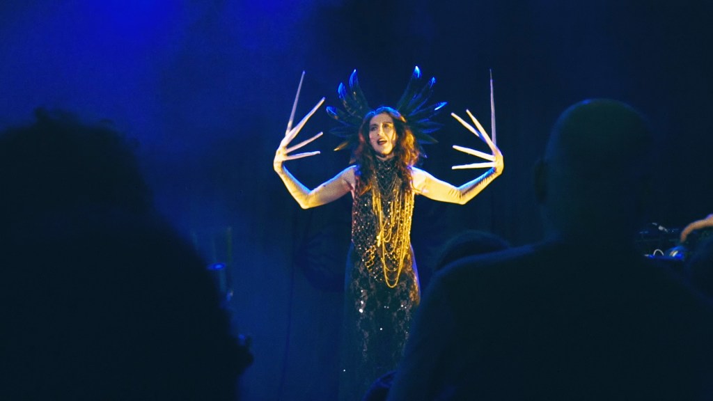 Finucane. A striking woman with a feather headdress and huge, extended fingernails stands dramatically on stage. She wears a gold dress against a dark backdrop and is framed by the heads of audience members.