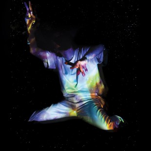 Only Bones. images shows torso of a man on his knees with arm raised and coloured lighting reflected off his clothes, against a black background. We cannot see his face.