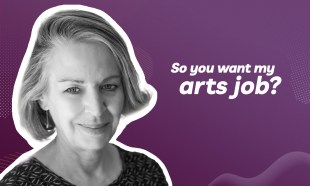 bibliotherapist. Image is of the head and shoulders of a woman with a greying bob, smiling against a purple background which has the text 'so you want my arts job' on the right.