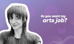 Anna Kolusniewski, visual arts teacher and costume and jewellery designer. head and shoulders of woman with shoulder length hair and a fringe, looking knowingly at the camera against a purple background with the words 'so you want my arts job?' in white.
