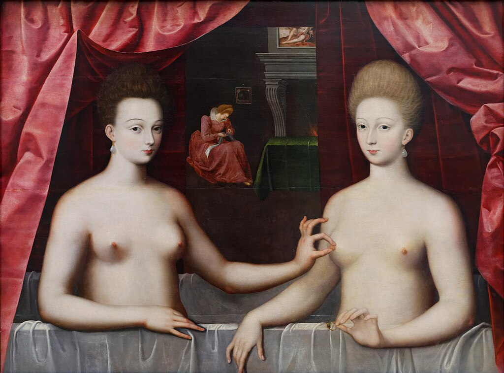 Gabrielle d'Estrées and one of her sisters (c. 1594). Artist unknown. Oil on canvas. Louvre, Paris. Public domain.