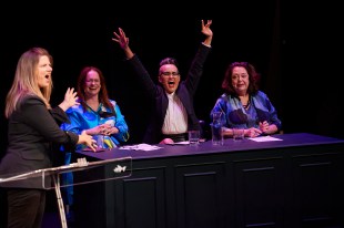 Opera House. Image is a panel of four women: Julia Zemiro, Helen Pitt, Yumi Stynes (with her arms raised in the air) and Wendy Harmer at the Sydney Opera House. Photo: Jaimi Joy.